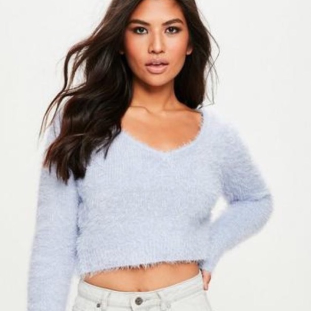 Missguided Fluffy V Neck Cropped Sweater